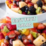 fruit salad in white bowls with a text overlay that says easy fruit salad