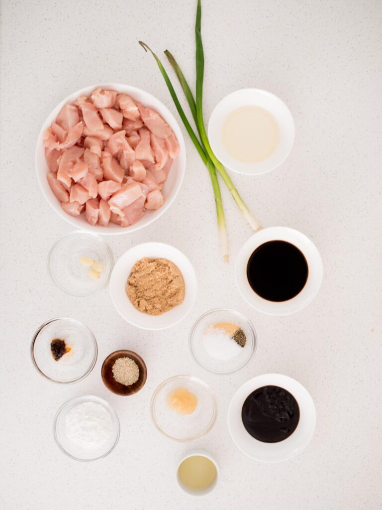 Ingredients shown that are used to prepare General Tso chicken.