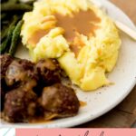 Pinterest image for southern mashed potatoes with gravy on a plate.