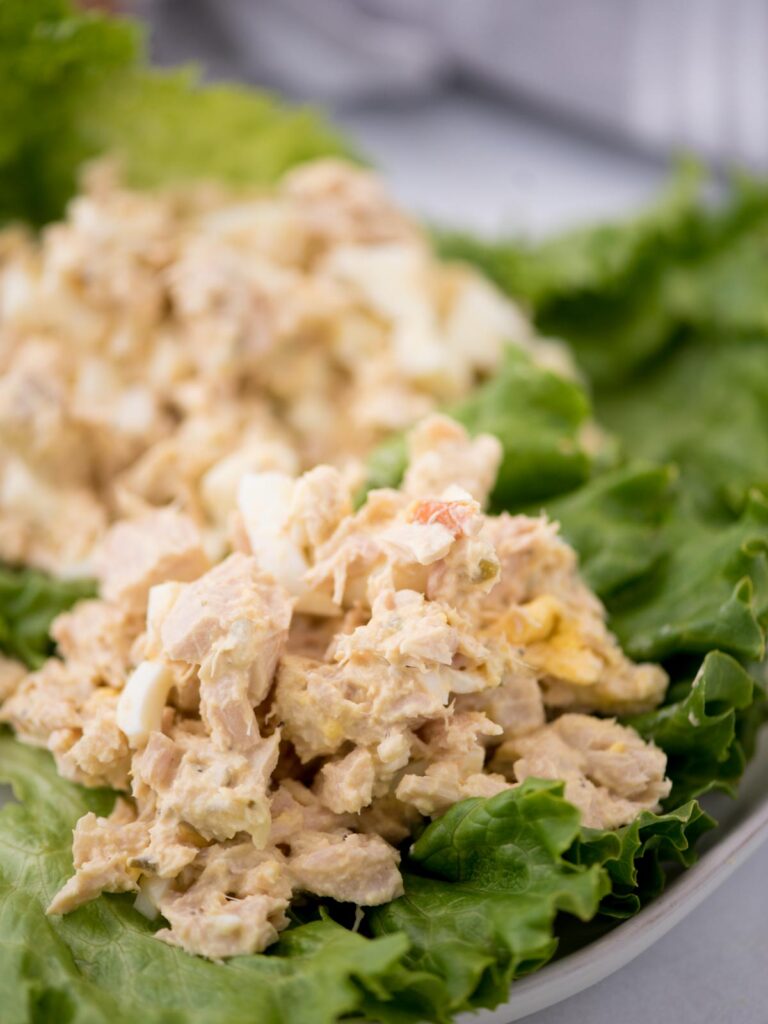 Classic tuna salad served on a lettuce leaf.