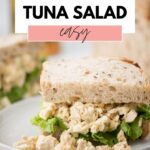 Half a tuna salad sandwich served on a plate with text overlay that says classic tuna salad - easy!