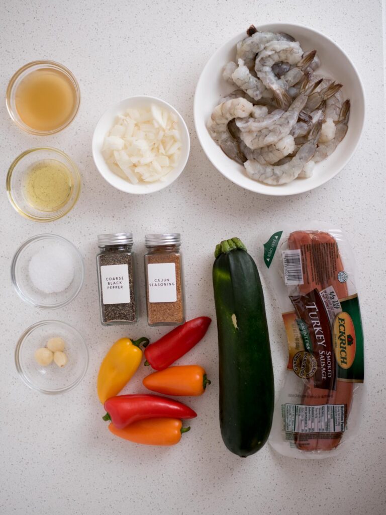 Ingredients needed to make Cajun Shrimp and Sausage vegetable skillet.