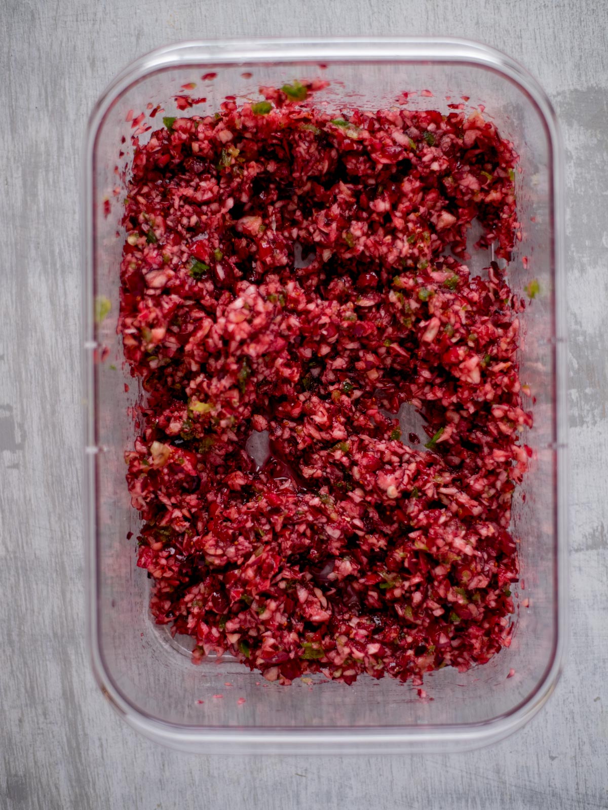 Diced cranberries in a dish.