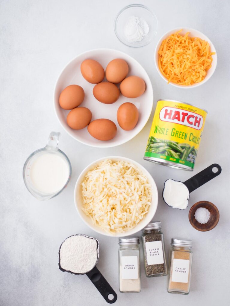 Ingredients shown that are used to prepare Hatch Chile Relleno Casserole.
