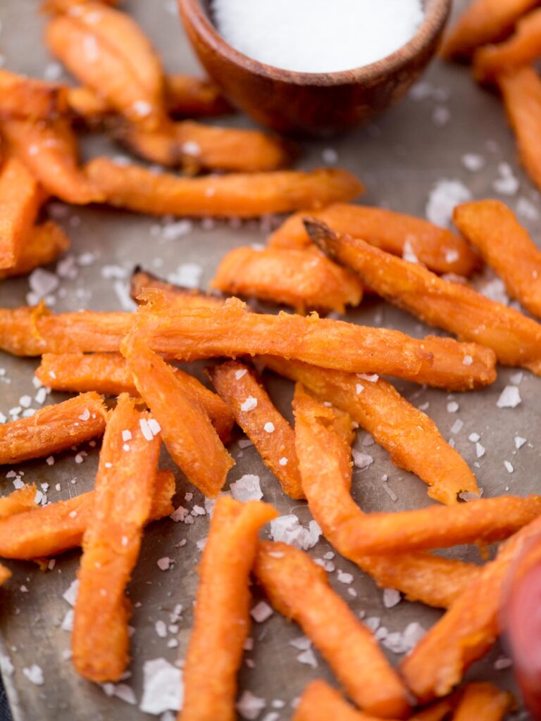 Sweet potato french fries topped with sea salt.