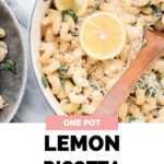 Pinterest image for lemon ricotta pasta prepared in a dutch oven.