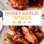 pinterest graphic honey garlic wings on a plate