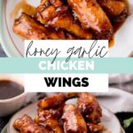 pinterest graphic honey garlic chicken wings on a plate