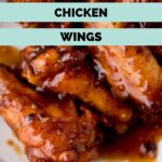 pinterest graphic with text of honey garlic chicken wings on a plate