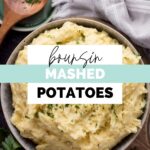 Bowl of mashed potatoes with text overlay boursin mashed potatoes.
