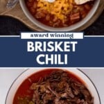 Two images of brisket chili: one topped with cheese, sour cream, and a biscuit; the other showcasing hearty brisket chili with shredded brisket, beans, and peppers. Text reads Award Winning Brisket Chili and sweetlysplendid.com.