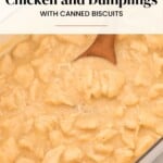 A pot of chicken and dumplings with biscuits, stirred by a wooden spoon.