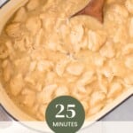 A pot of chicken and dumplings with biscuits and a wooden spoon, featuring text that reads 25 MINUTES Chicken and Dumplings WITH CANNED BISCUITS.