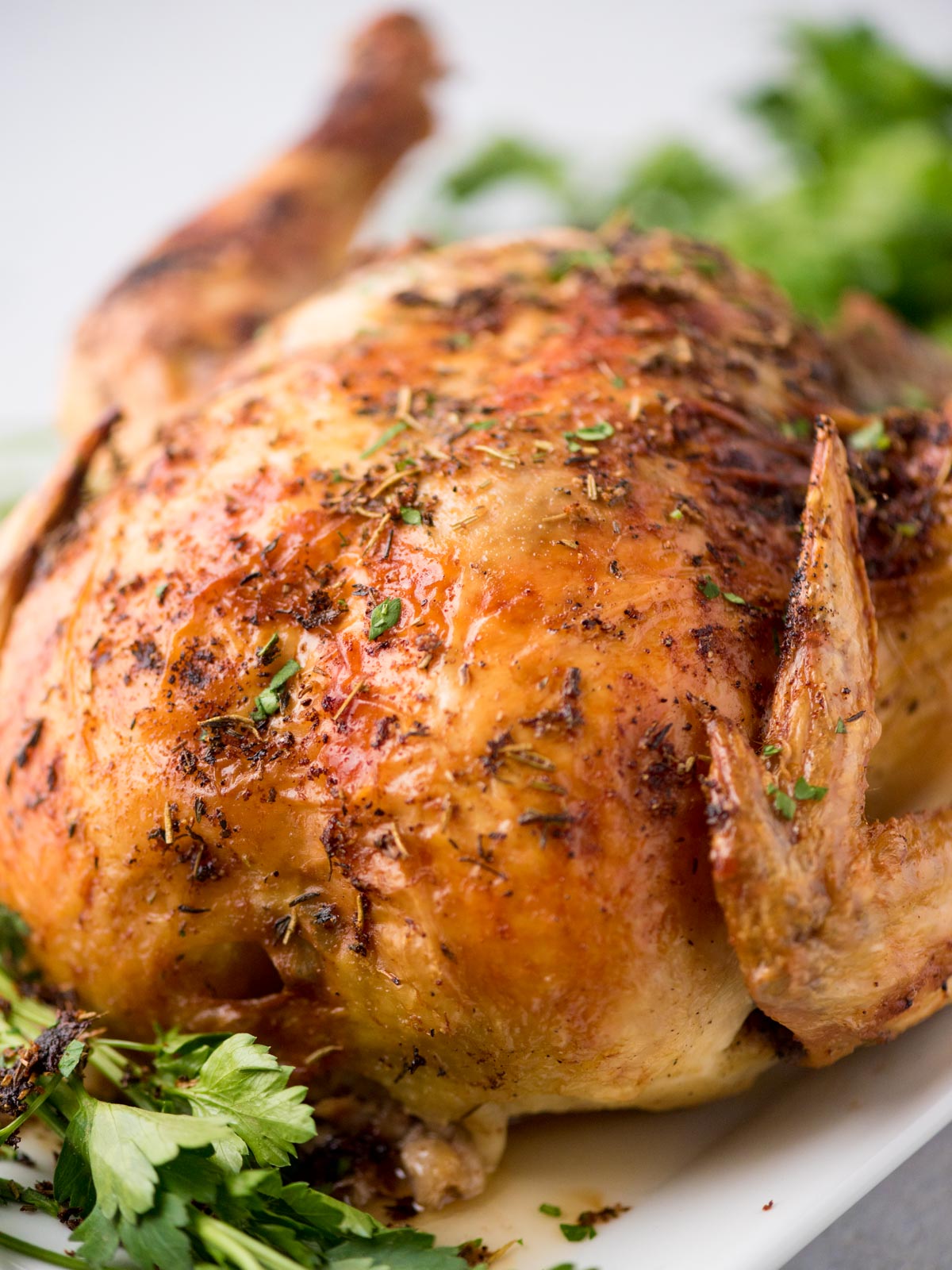 roasted chicken on a plate with fresh parsley
