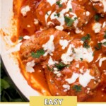 buffalo chicken thighs in a skillet surrounded by fresh parsley, a serving utensil, and a kitchen towel with a text overlay that says "easy buffalo chicken thighs"