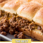 pinterest graphic of cheeseburger sliders on a baking sheet with a text overlay that says "the best cheeseburger sliders"