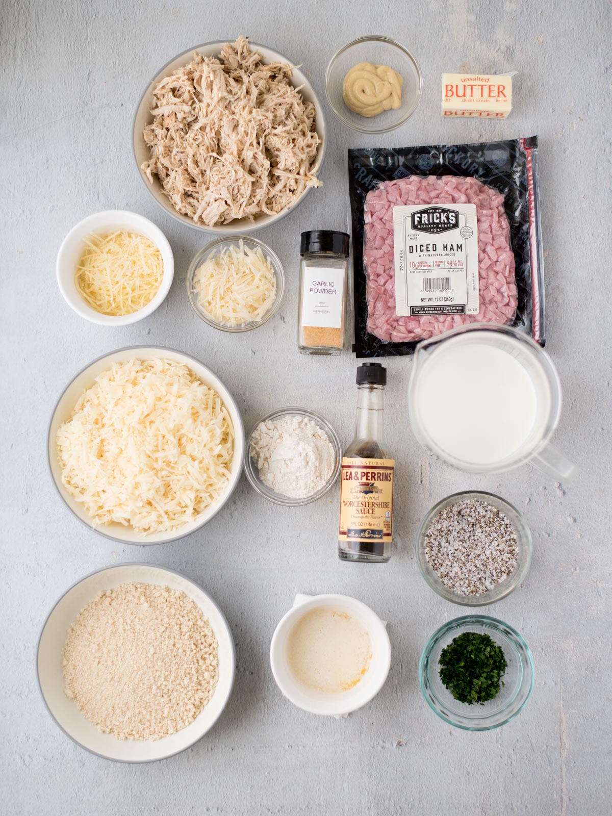 Ingredients to make chicken cordon bleu casserole