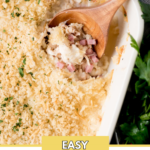 chicken cordon bleu casserole in a baking dish with a serving spoon inside. It is surrounded by fresh parsley and a kitchen towel. It has a text overlay that says "easy chicken cordon bleu casserole".