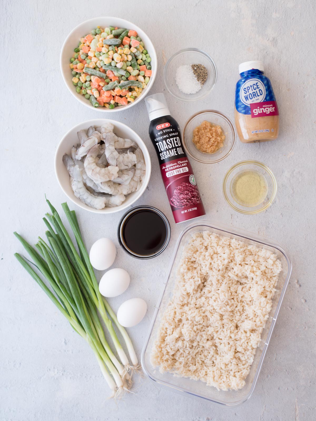 ingredients laid out to make shrimp fried rice