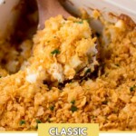 baking dish with funeral potatoes being scooped out with a wooden spoon. Text on the image says "classic cheesy funeral potatoes".