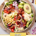 A colorful bowl of Southwest chicken salad topped with avocado, cheese, bacon, corn, tomatoes, red onion, and tortilla strips on a wooden plate. The text reads Easy Southwest Chicken Salad with a logo for sweetlysplendid.com.