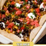 A close-up of a Tex Mex taco casserole in a white dish, topped with sliced black olives, diced tomatoes, green onions, and dollops of sour cream. Tortilla pieces are arranged around the edges. Text on image reads sweetly splendid and Taco Casserole.