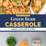 Top image shows a close-up of green bean casserole with crispy onions. Below, ingredients are displayed: fresh green beans, shredded cheese, canned soup, fried onions, milk, and spices. Text reads Southern Green Bean Casserole SweetlySplendid.com.