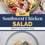 A wooden bowl brimming with Southwest chicken salad: avocado, corn, sliced tomatoes, cheese, and shredded chicken. Below, a close-up shows dressing being mixed with a spoon. Text reads Easy Southwest Chicken Salad sweetlysplendid.com.
