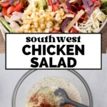 A bowl of Southwest chicken salad brimming with avocado, bacon, cheese, corn, and tortilla strips. Below, a glass bowl holds seasoning and a spoon. Centered text reads Southwest Chicken Salad, accompanied by a website URL at the bottom.