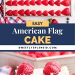 A sheet cake decorated with blueberries and strawberries to resemble the American flag, with a close-up slice of the cake topped with strawberries and blueberries on a plate. Text reads Easy American Flag Cake.