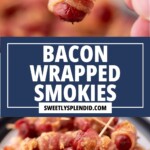 Close-up of a hand holding a bacon-wrapped cocktail sausage on a toothpick, with a plate full of similar appetizers below. Text in the center reads Bacon Wrapped Smokies sweetlysplendid.com.
