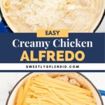 Top image: Cooked chicken pieces in creamy Alfredo sauce topped with shredded cheese in a blue pot. Bottom image: Uncooked spaghetti noodles placed over cooked chicken in a blue pot.