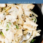 A close-up of creamy chicken Alfredo pasta served on a black plate, garnished with fresh herbs, with a fork resting on the plate. Text above the image reads chicken ALFREDO and sweetlysplendid.com.