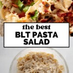 Overhead view of BLT pasta salad with bowtie pasta, bacon, lettuce, tomatoes, and green onions, plus a bowl of plain pasta below; text reads The Best BLT Pasta Salad.
