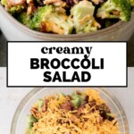 A bowl of creamy broccoli salad with red onions, bacon, and cheese on top. “Creamy broccoli salad” is written in the center. Another bowl displays ingredients like shredded cheddar before mixing for the perfect broccoli salad.