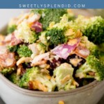 A gray bowl filled with broccoli salad, featuring chopped broccoli, red onions, shredded cheese, and crispy bacon. The image displays a text overlay reading broccoli SALAD, sweetlysplendid.com.