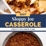 Top: A golden baked sloppy joe casserole with a spoon revealing a saucy ground beef filling underneath. Bottom: A pan filled with cooked sloppy joe meat mixture. Text in the middle reads Easy Sloppy Joe Casserole.