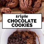 Close-up of chocolate cookies and chocolate chips in a mixing bowl, divided by a banner reading triple chocolate cookies. The website sweetlysplendid.com appears at the bottom.