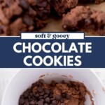 Collage showing soft, gooey chocolate cookies with chocolate chips, a bowl of chocolate chip cookie dough, and the text “Soft & Gooey Chocolate Cookies.” Website: sweetlysplendid.com.