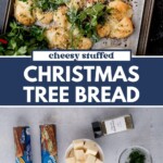 Top: A tray of golden, cheesy stuffed bread rolls arranged in a Christmas tree shape, garnished with herbs and parmesan. Bottom: Ingredients including dough, cheese cubes, parsley, and spices on a table.