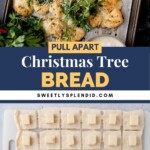 Overhead view of pull-apart Christmas tree bread topped with herbs and cheese on a tray, next to butter cubes, with a second image showing dough squares each topped with a cube of cheese on a cutting board.