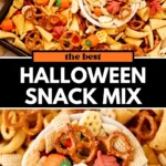 A Halloween snack mix featuring pretzels, Chex cereal, candy corn, gummy pumpkins, and honeycomb cereal in a bowl and on a tray. Text overlay reads The Best Halloween Snack Mix.