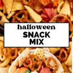 A festive Halloween snack mix with pretzels, Chex cereal, Bugles, candy pumpkins, and candy corn in a bowl, with a label that says “Halloween Snack Mix” and the website sweetlysplendid.com at the bottom.