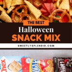 Close-up of a Halloween snack mix with pretzels, bugles, candy corn, and more. Below, packages of Chex, Bugles, Honeycomb, pretzels, and M&M’s are lined up on a white surface. Text reads: The Best Halloween Snack Mix.