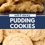 Close-up of soft, chewy pudding cookies, broken and whole, showing their texture. Text reads “soft & chewy pudding cookies” with the website sweetlysplendid.com below.