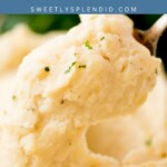 A close-up of creamy mashed potatoes garnished with chopped herbs, with a spoon lifting a portion. Blue banner at the top reads mashed POTATOES and a website link sweetlysplendid.com is shown.