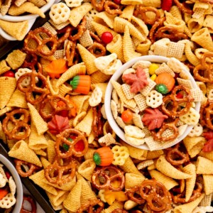 A close-up of snack mix with pretzels, Bugles, cereal pieces, candy pumpkins, candy corn, and colorful chocolate candies, with a small white bowl filled with the mix in the center.