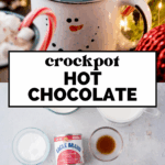 A festive mug of hot chocolate with whipped cream, sprinkles, and a candy cane sits in front of holiday decorations. Below, ingredients for hot chocolate—sugar, milk, chocolate chips, cocoa, and condensed milk—are displayed on a table.