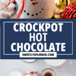 A festive mug of hot chocolate with whipped cream, sprinkles, and a candy cane sits beside pinecones. Below, ingredients for hot chocolate are displayed: chocolate chips, baking cocoa, sweetened condensed milk, sugar, vanilla, and milk.