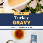A serving dish filled with turkey gravy next to herbs and sliced turkey; below are ingredients including chicken broth, flour, black pepper, and turkey drippings, with the text Easy Turkey Gravy and sweetlysplendid.com.
